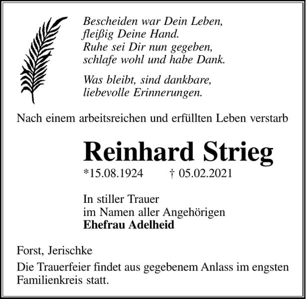 Traueranzeige Reinhard Strieg