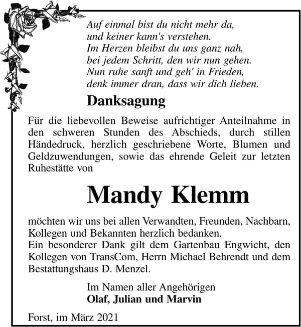 Danksagung Mandy Klemm