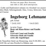 Traueranzeige Ingeborg Lehmann, geb. Schaal