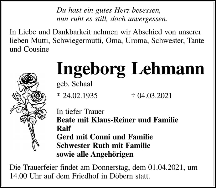 Traueranzeige Ingeborg Lehmann, geb. Schaal