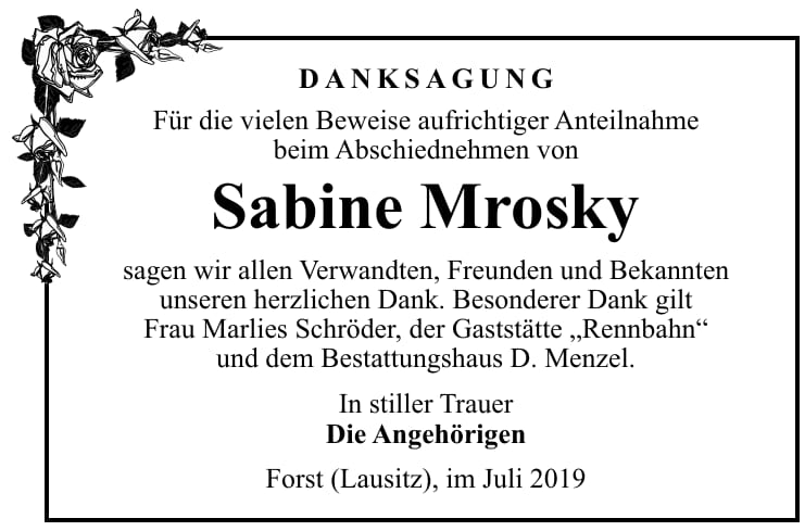 Traueranzeige Sabine Mrosky