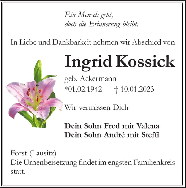 Traueranzeige Ingrid Kossick, geb. Ackermann