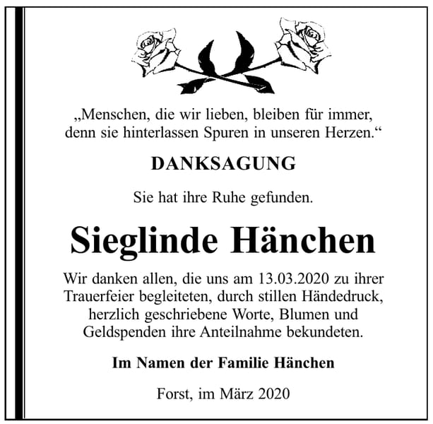 Danksagung Sieglinde Hänchen