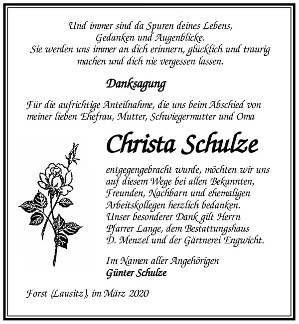 Danksagung Christa Schulze