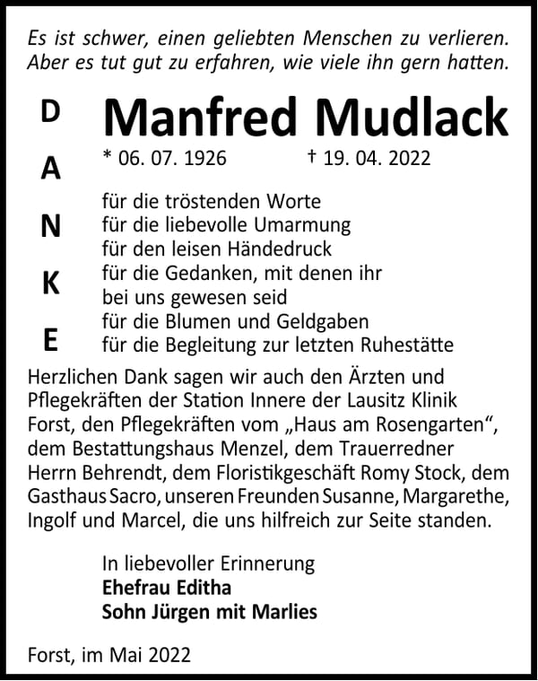 Danksagung Manfred Mudlack