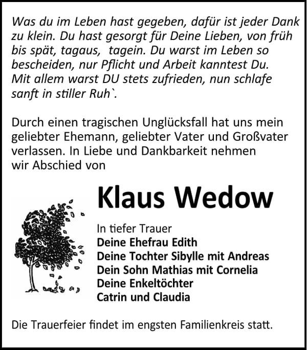 Traueranzeige Klaus Wedow