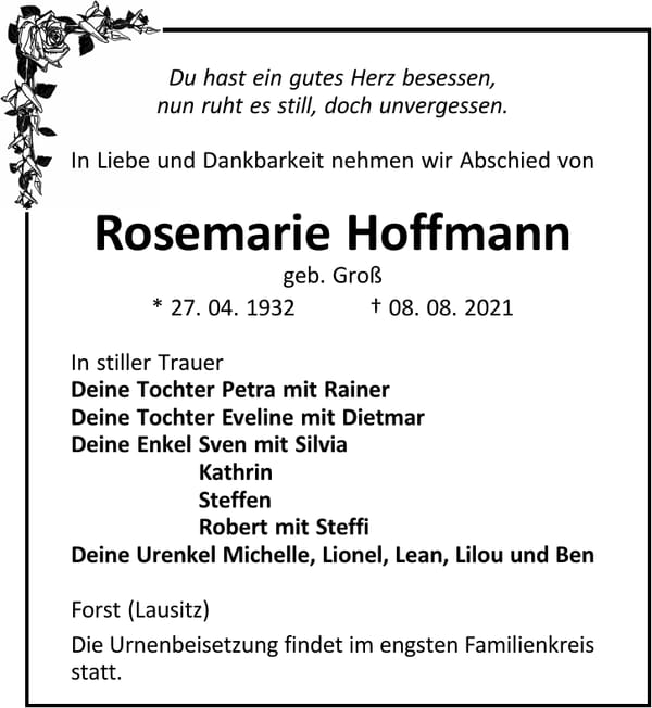 Traueranzeige Rosemarie Hoffmann, geb. Groß