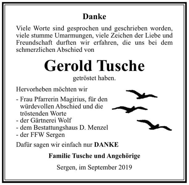 Danksagung Gerold Tusche
