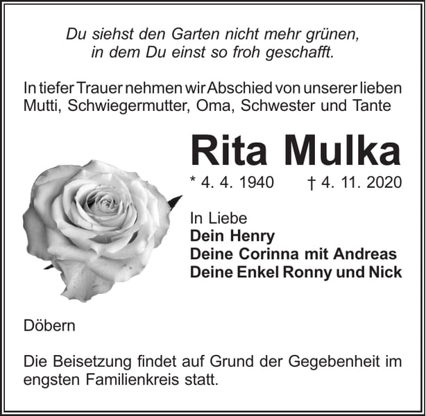 Traueranzeige Rita Mulka