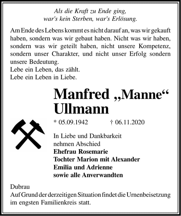 Traueranzeige Manfred „Manne“ Ullmann