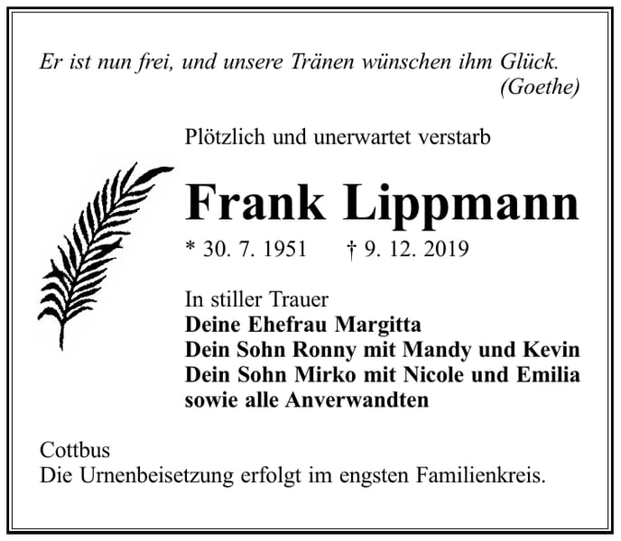 Traueranzeige Frank Lippmann