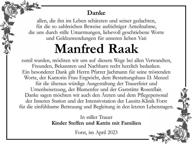 Danksagung Manfred Raak