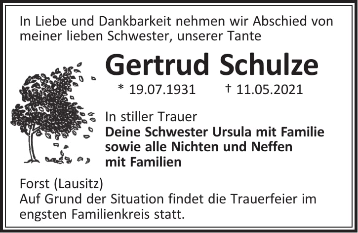 Traueranzeige Gertrud Schulze