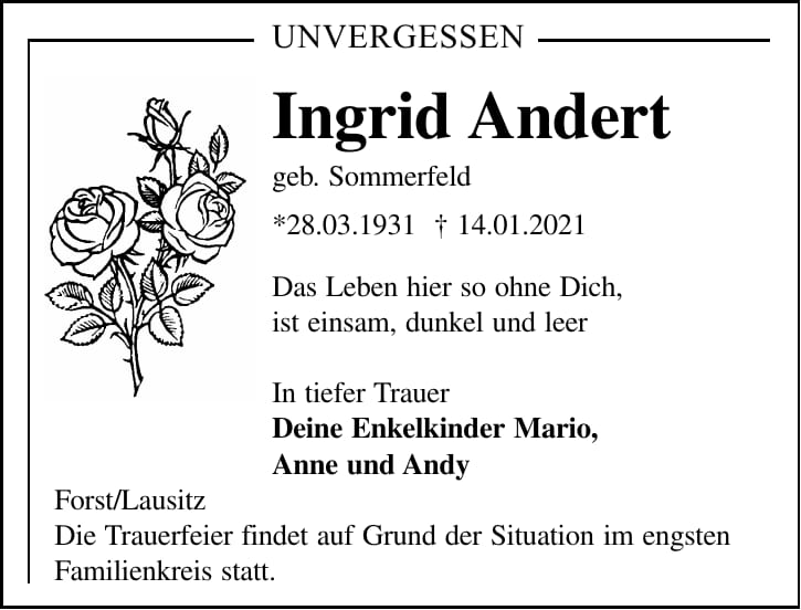 Traueranzeige Ingrid Andert, geb. Sommerfeld