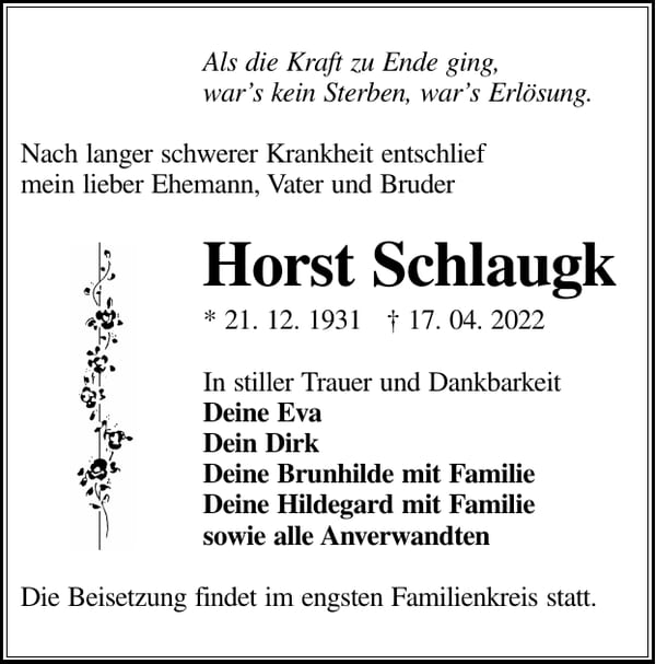 Traueranzeige Horst Schlaugk