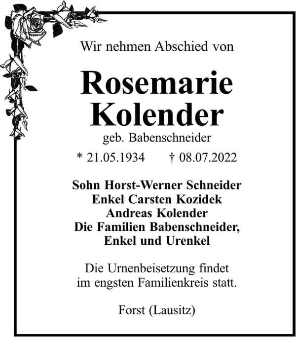 Traueranzeige Rosemarie Kolender, geb. Babenschneider