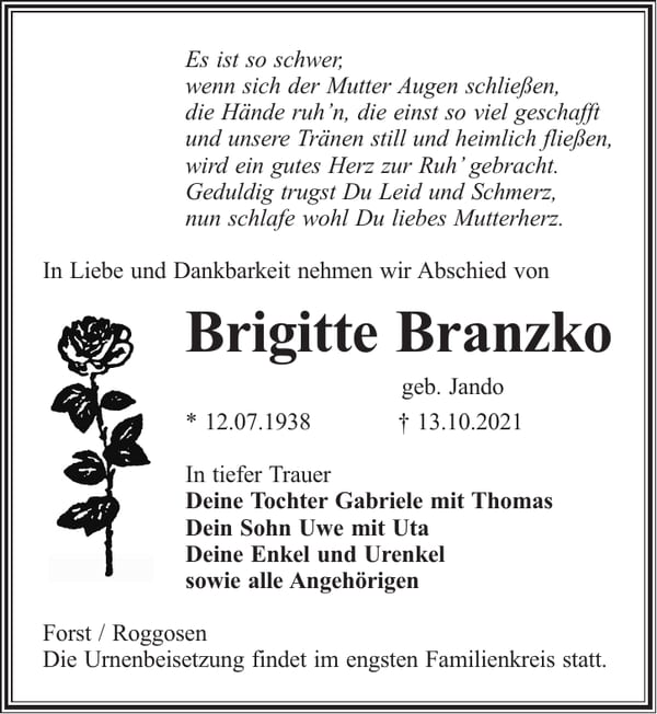 Traueranzeige Brigitte Branzko, geb. Jando