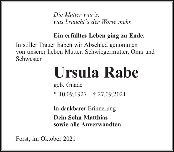 Traueranzeige Ursula Rabe, geb. Gnade