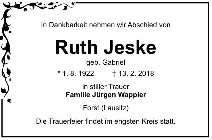 Traueranzeige Ruth Jeske, geb. Gabriel