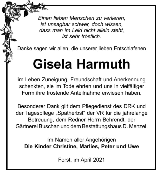 Danksagung Gisela Harmuth