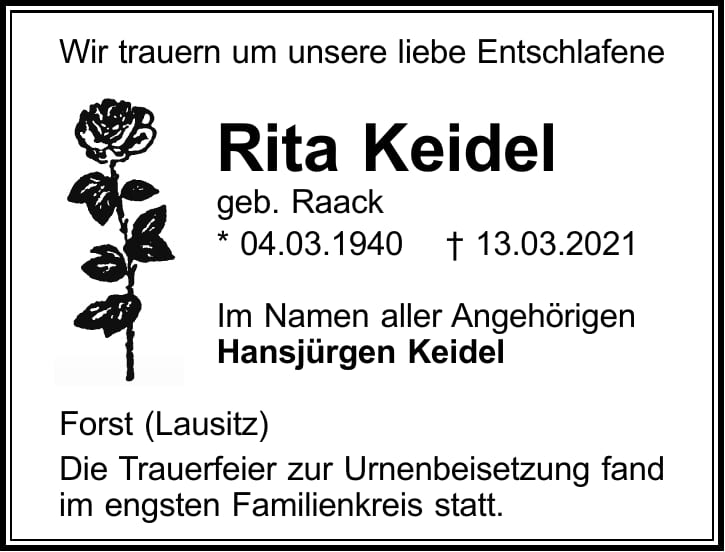 Traueranzeige Rita Keidel, geb. Raack