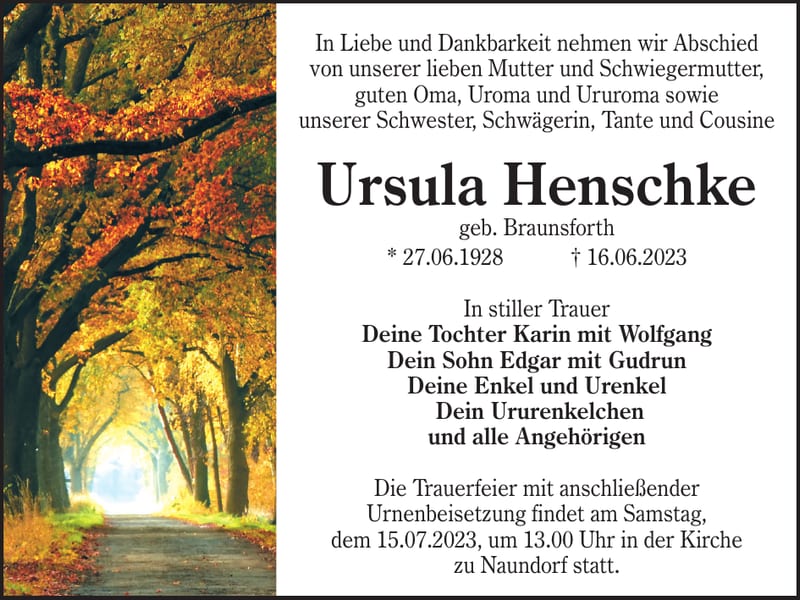 Traueranzeige Ursula Henschke, geb. Braunsforth