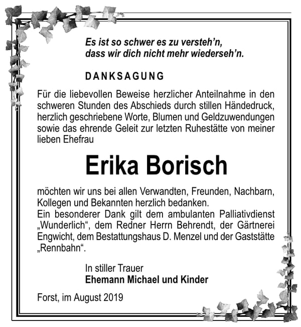 Traueranzeige Erika Borisch