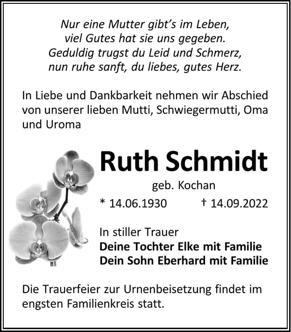 Traueranzeige Ruth Schmidt, geb. Kochan