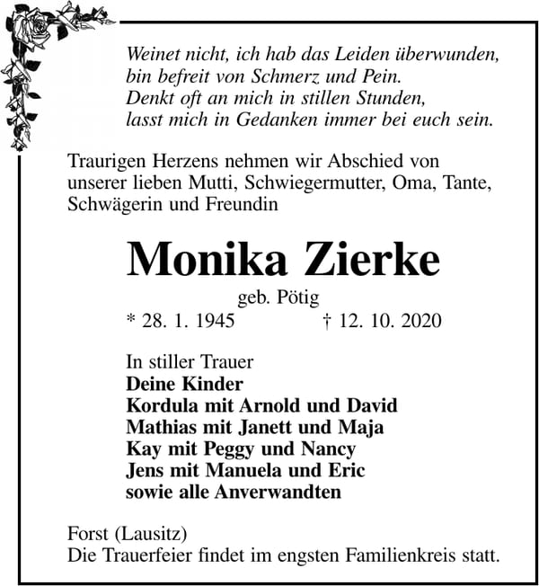Traueranzeige Monika Zierke, geb. Pötig