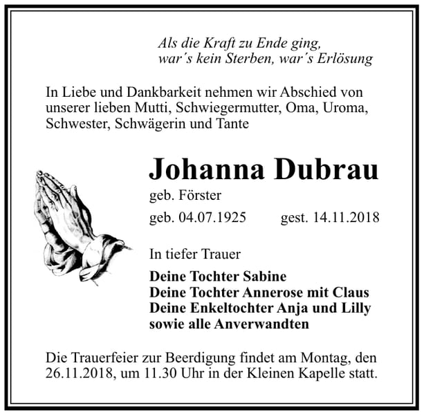 Traueranzeige Johanna Dubrau, geb. Förster