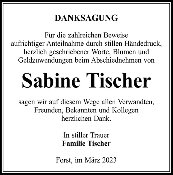 Danksagung Sabine Tischer