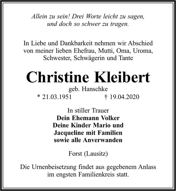 Traueranzeige Christine Kleibert, geb. Hanschke