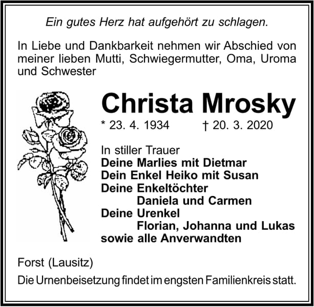 Traueranzeige Christa Mrosky
