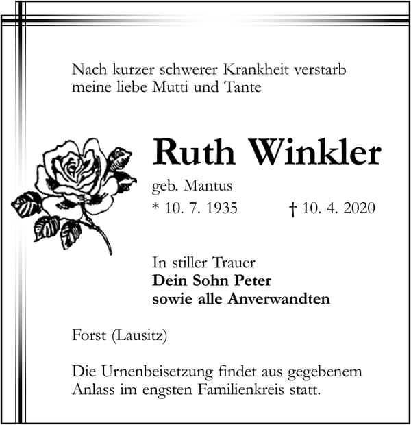 Traueranzeige Ruth Winkler, geb. Mantus