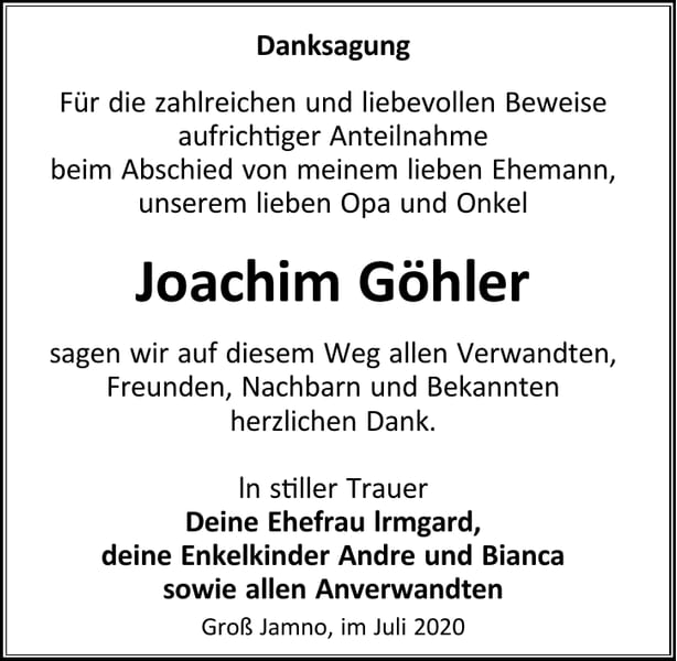 Danksagung Joachim Göhler