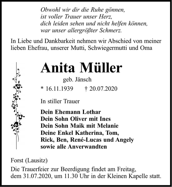 Traueranzeige Anita Müller, geb. Jänsch