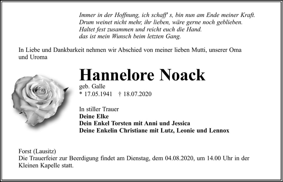 Traueranzeige Hannelore Noack, geb. Galle