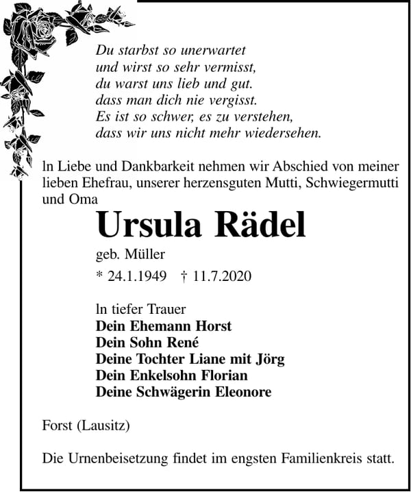 Traueranzeige Ursula Rädel, geb. Müller