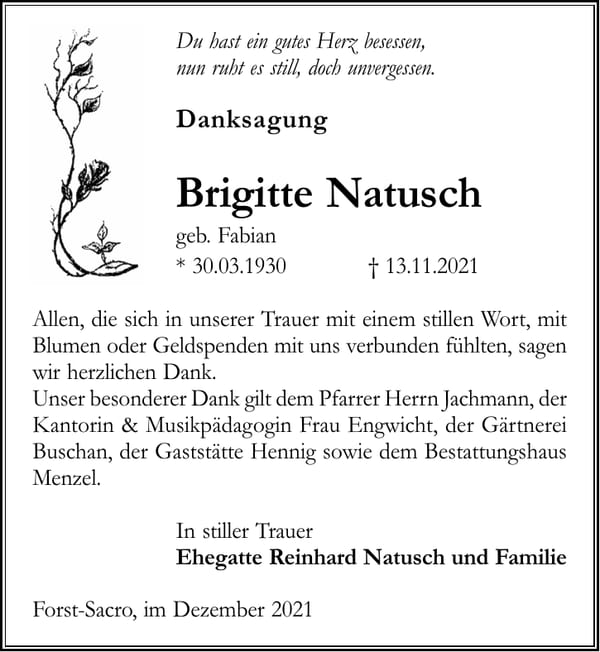 Danksagung Brigitte Natusch, geb. Fabian