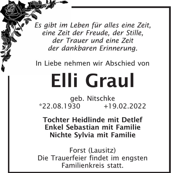 Traueranzeige Elli Graul, geb. Nitschke