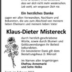Danksagung Klaus-Dieter Mistereck