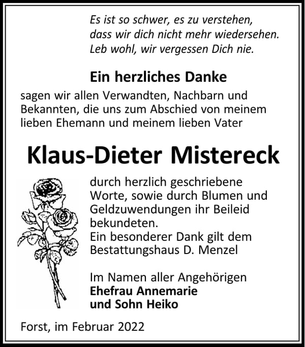 Danksagung Klaus-Dieter Mistereck