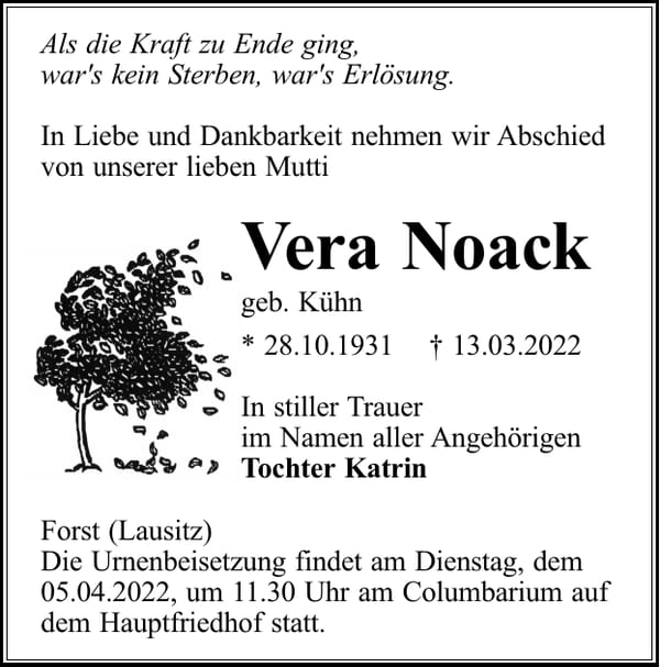 Traueranzeige Vera Noack, geb. Kühn