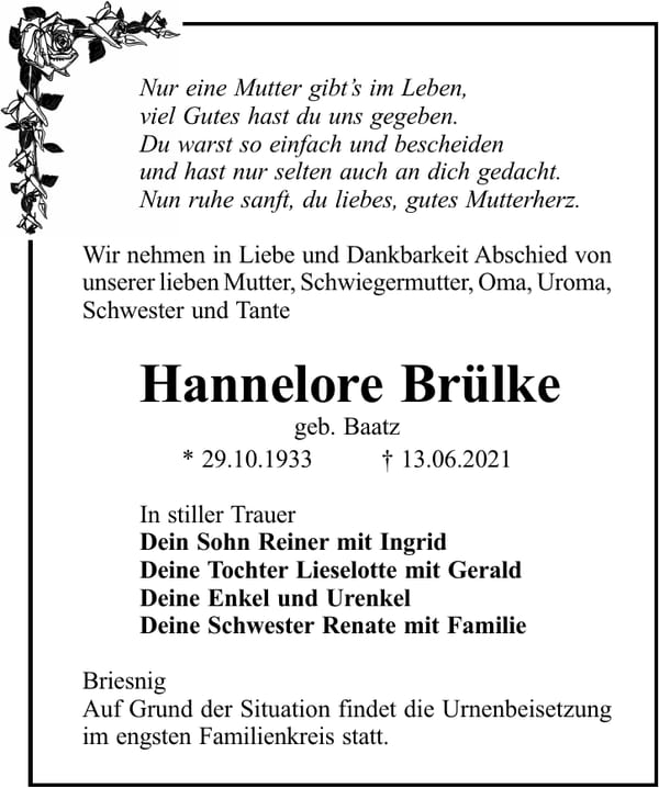 Traueranzeige Hannelore Brülke, geb. Baatz