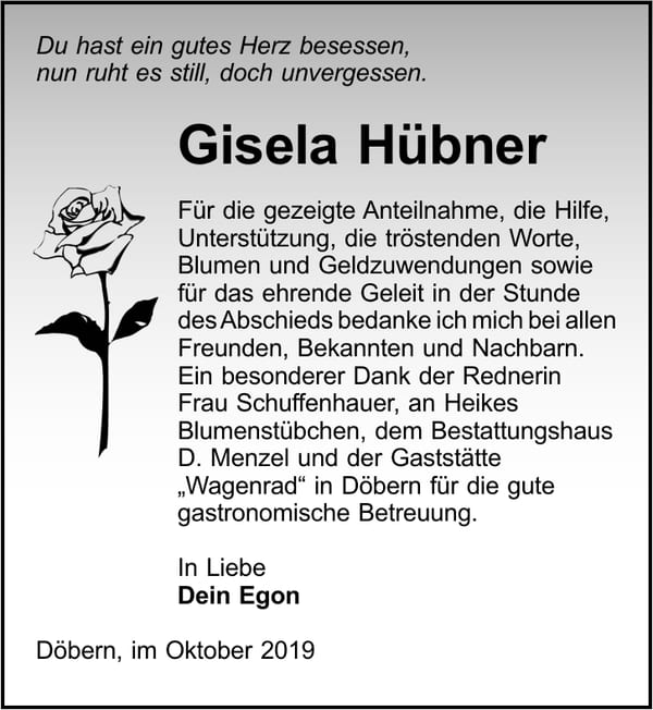 Danksagung Gisela Hübner
