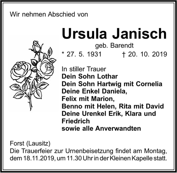 Traueranzeige Ursula Janisch, geb. Barendt