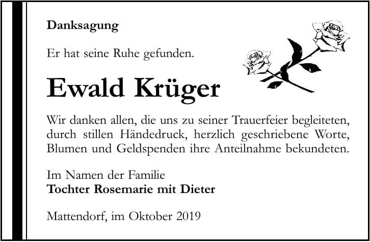Danksagung Ewald Krüger