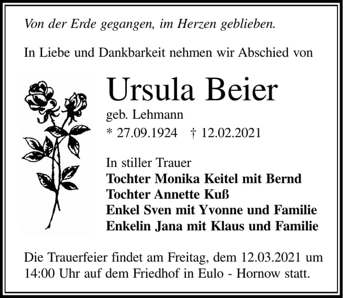 Traueranzeige Ursula Beier, geb. Lehmann