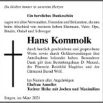 Danksagung Hans Kommolk