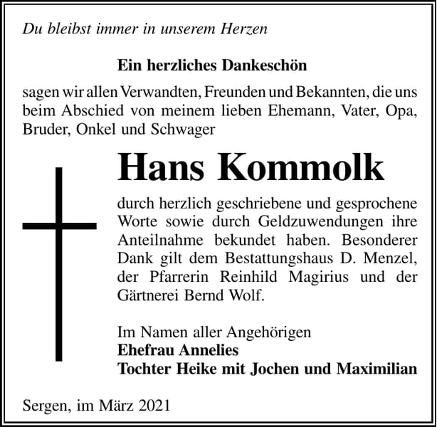 Danksagung Hans Kommolk